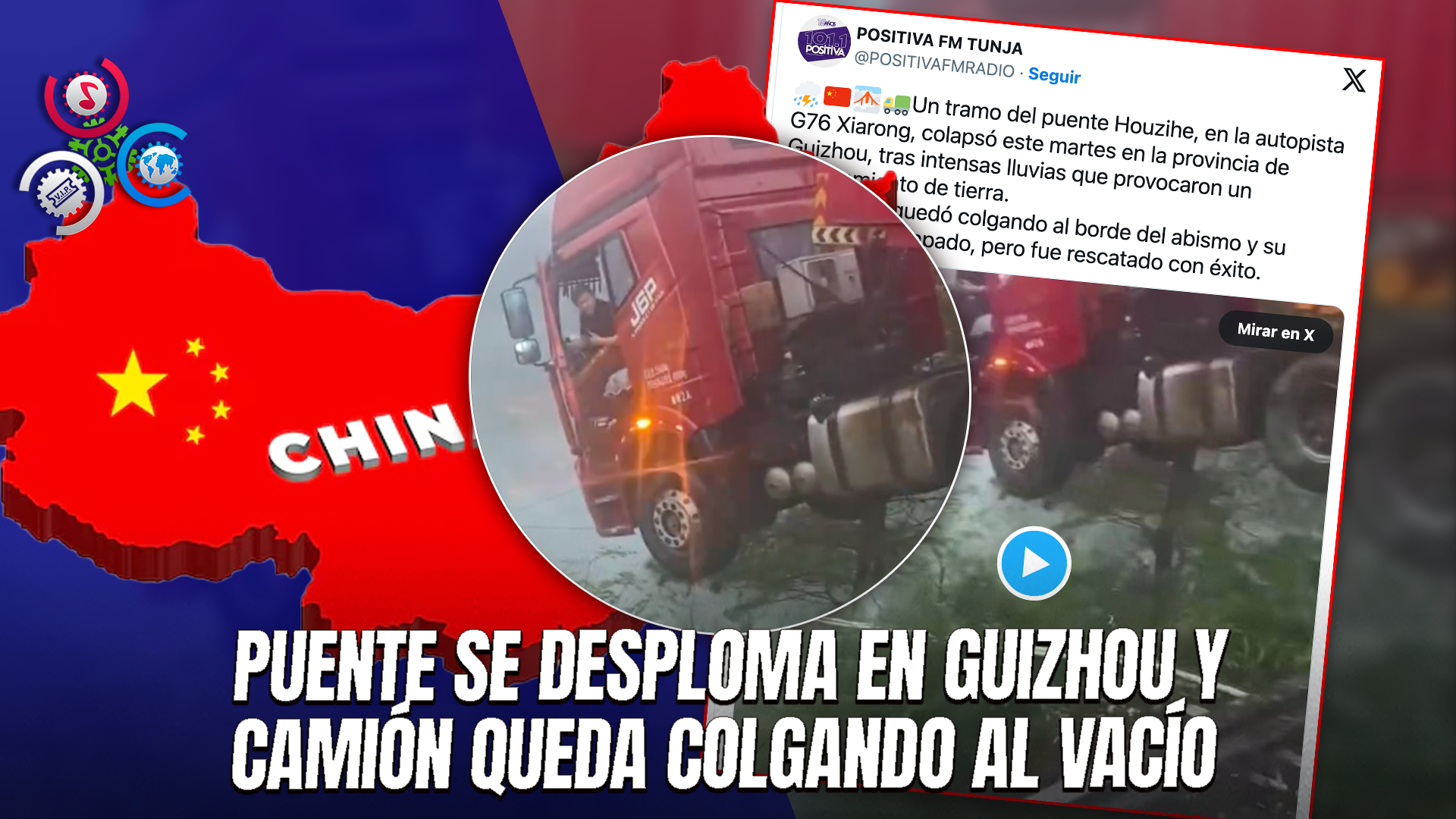 Camión Queda Colgando Tras Colapso De Puente En China; Conductor Sobrevive Milagrosamente